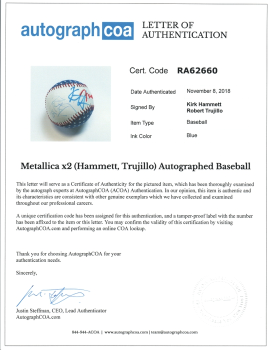 AutographCOA (ACOA) Authentication's Letter of Authenticity (LOA) is included. AutographCOA (ACOA) Authentication's Letter of Authenticity (LOA) is included.